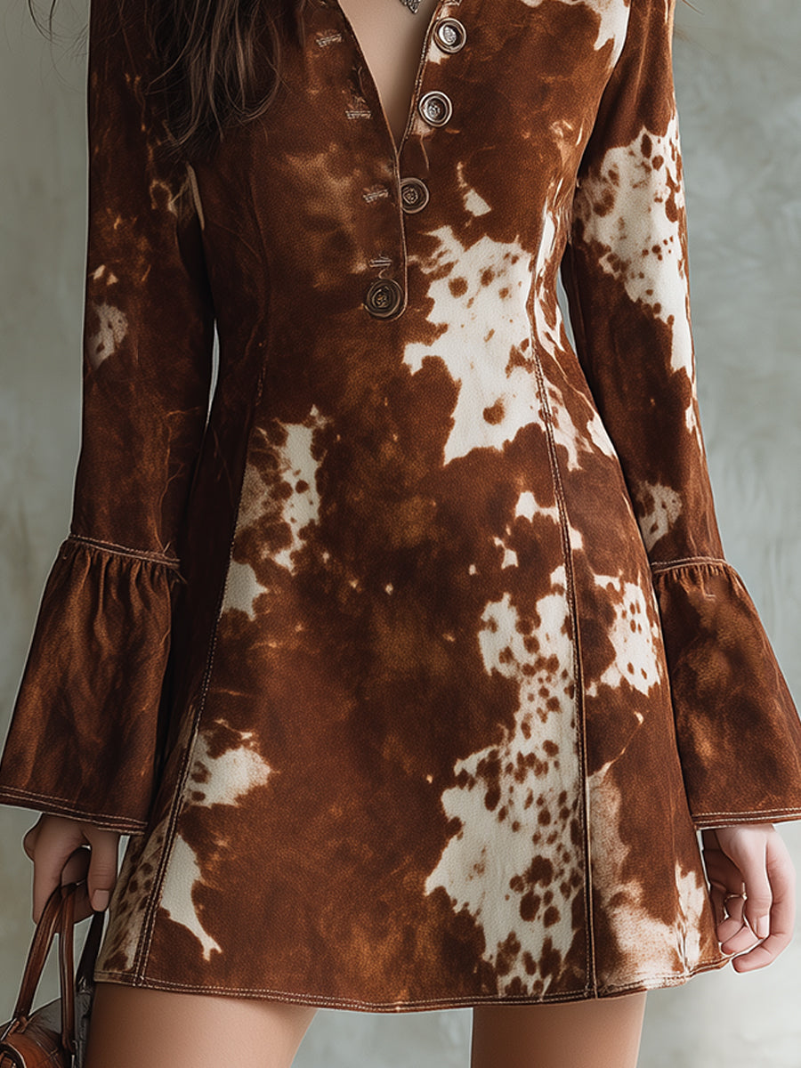 Chic Suede Cow Print Bell Sleeve Mini Dress