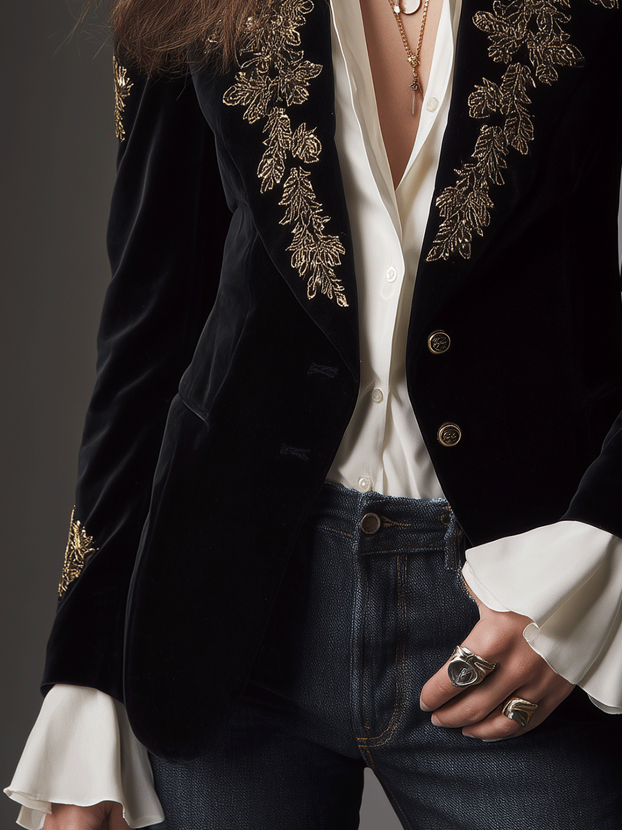 Black Velvet Gold Embroidery Blazer