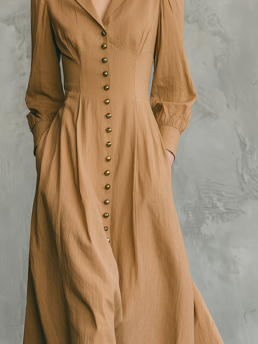 Retro Lapel Button Fitted Waist Midi Dress