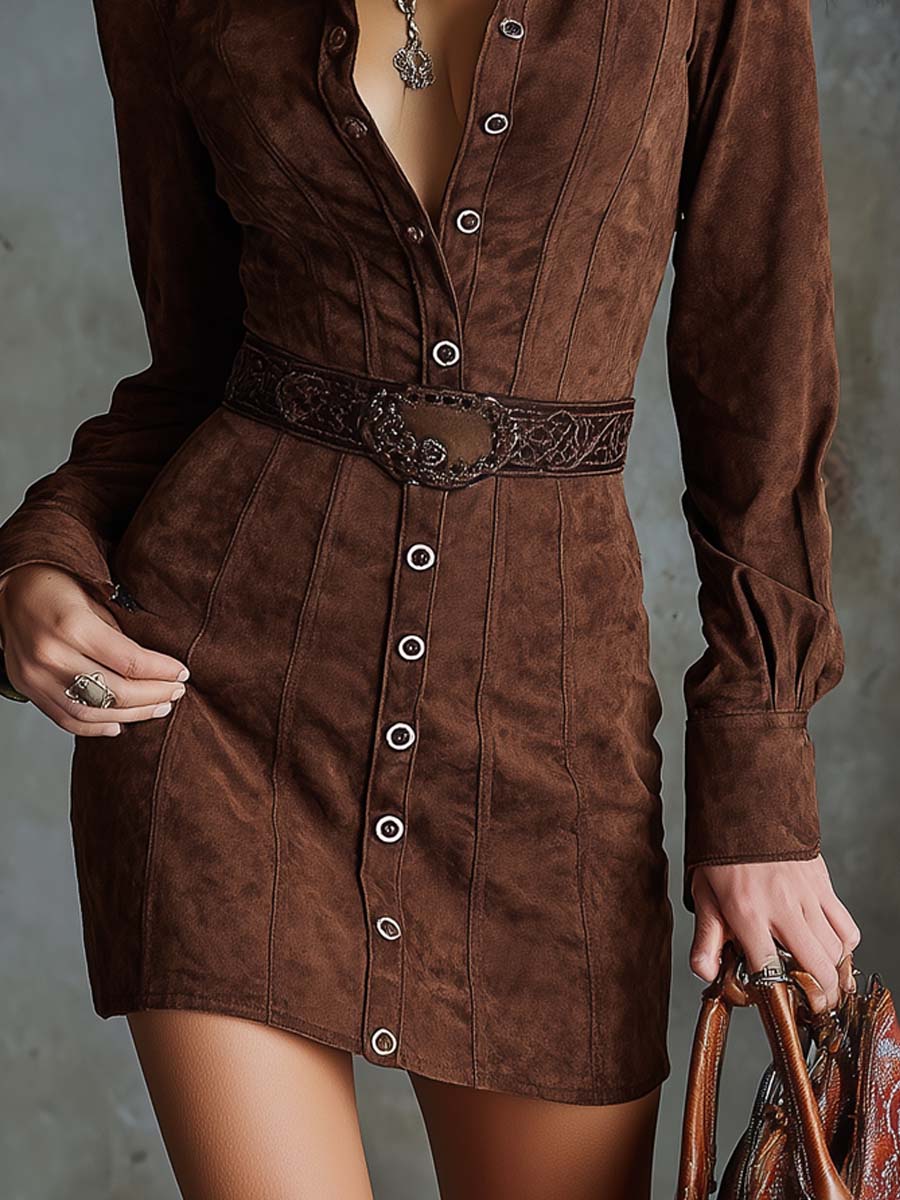 Retro Polyester Suede Shirt Mini Dress
