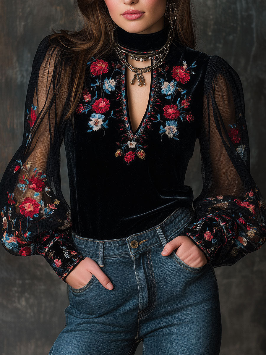 Retro Velvet Embroidered Mesh Stitching Blouse