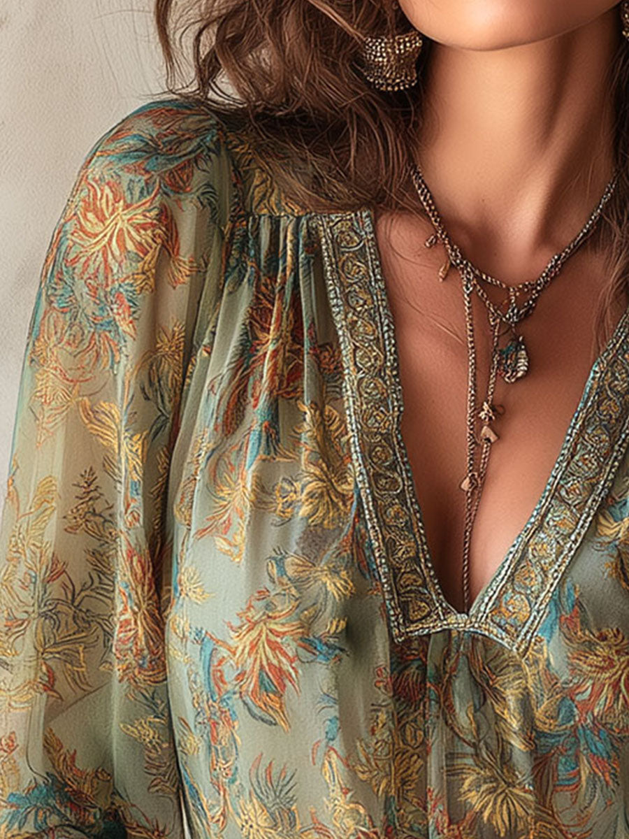 Boho Floral Sheer Chiffon Blouse With Lace Accent
