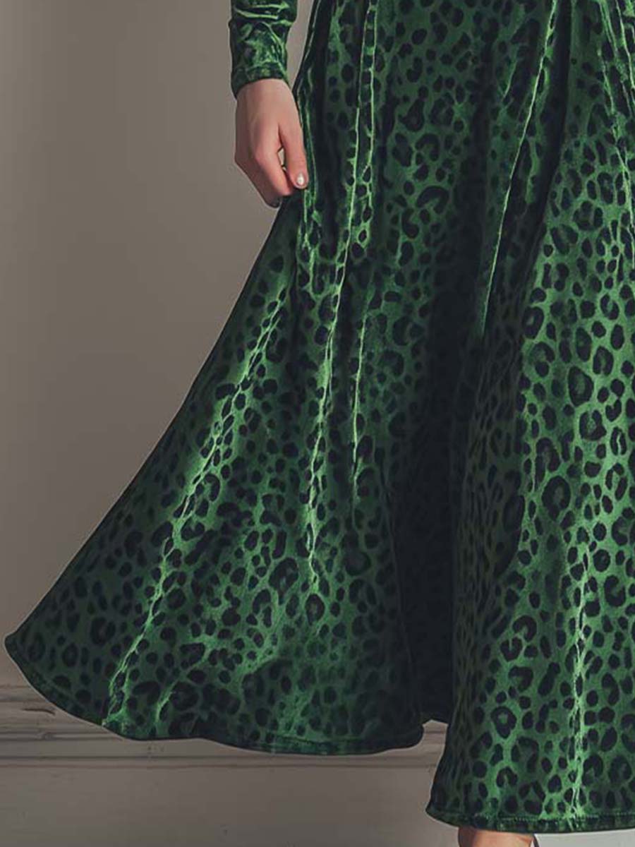Vintage Velvet Leopard Print A-Line Button Dress