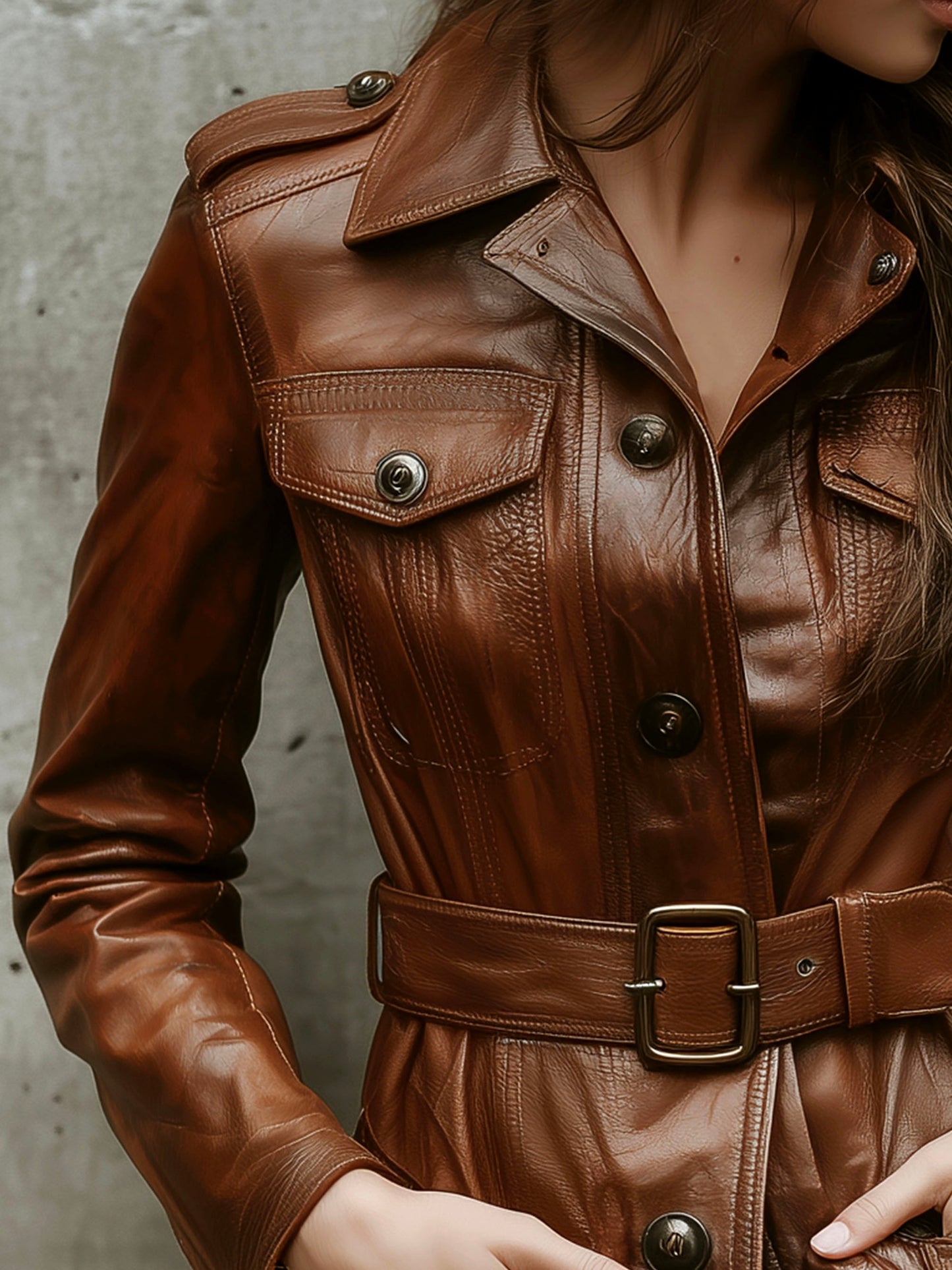 Classic Brown Belted Eco Leather Utility Pockets Jacket