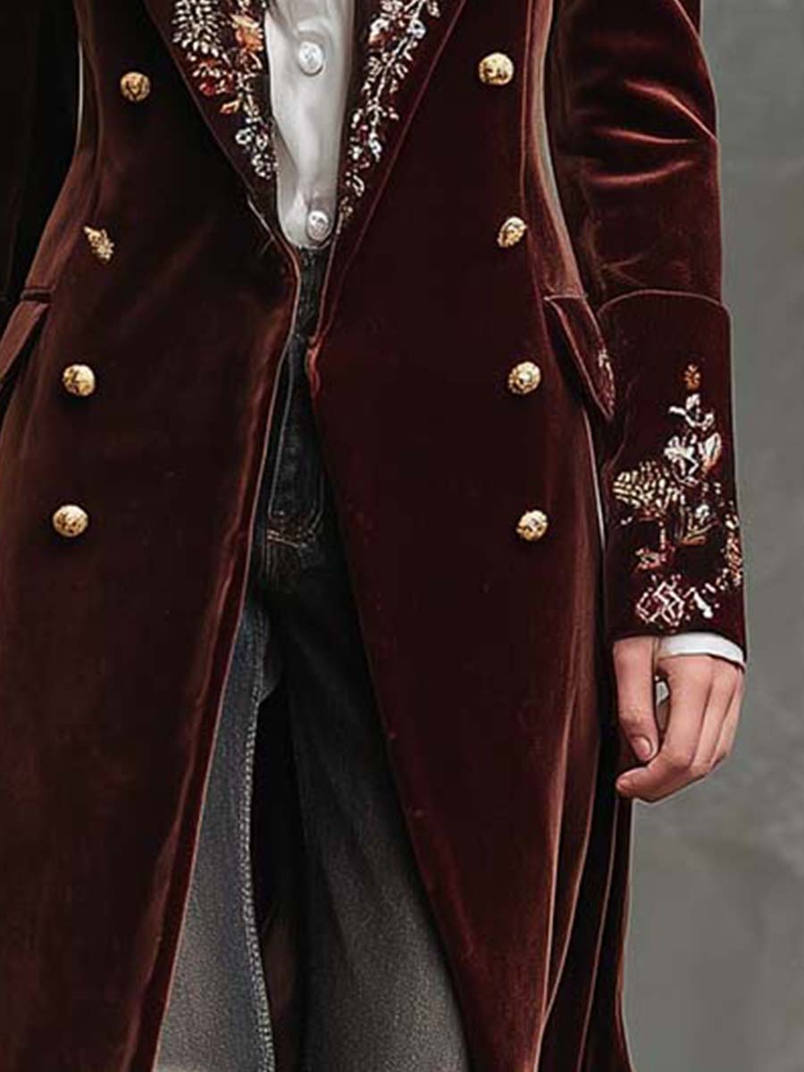 Wine Velvet Embroidered Long Coat With Gold Buttons