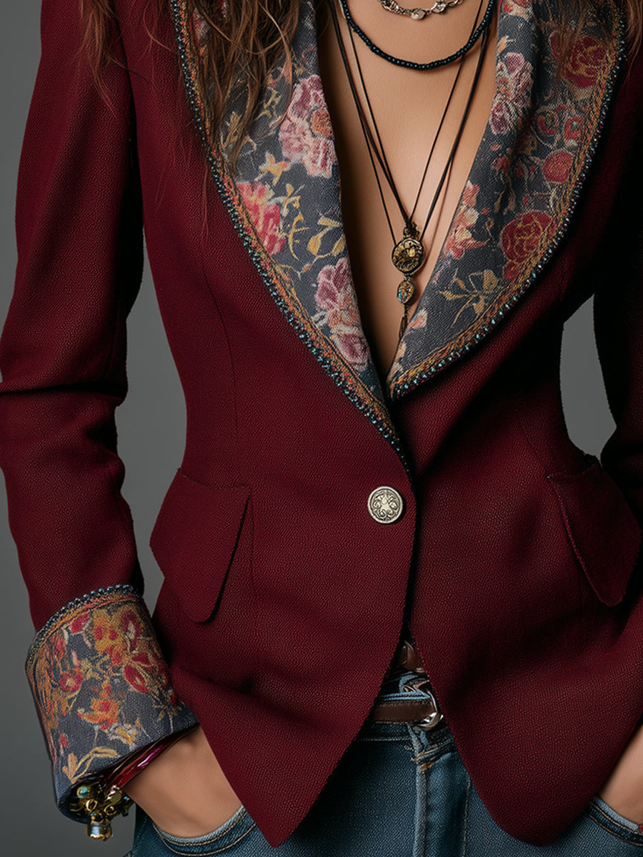 Elegant Twill Vintage Floral Print Lapel Blazer