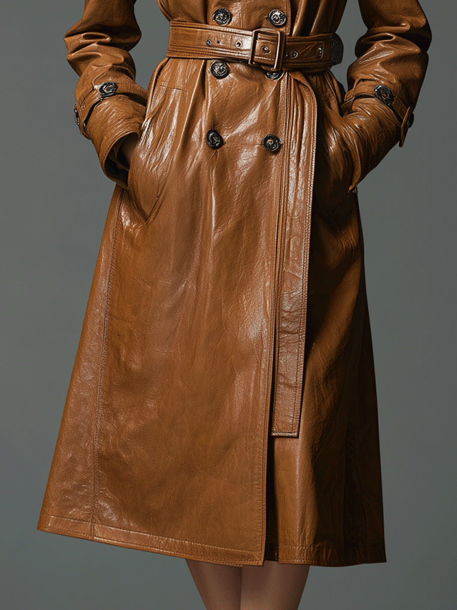 Classic Cognac-Colored Belted Faux Leather Trench Coat