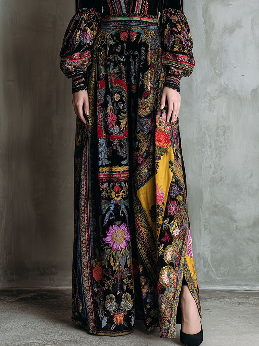 Boho Floral Print Velvet Long Sleeve Gown Maxi Dress With Lace Trim