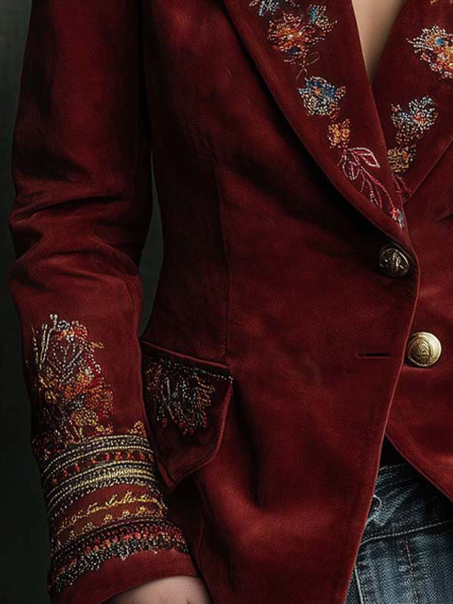 Vintage Burgundy Velvet Embroidered Blazer