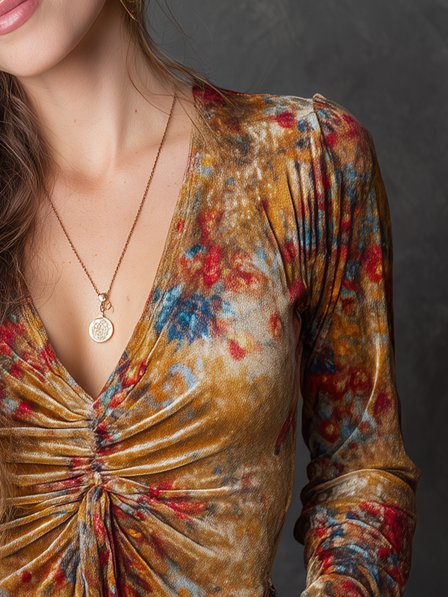 Vintage Floral Printed V-neck Long Sleeve Blouse