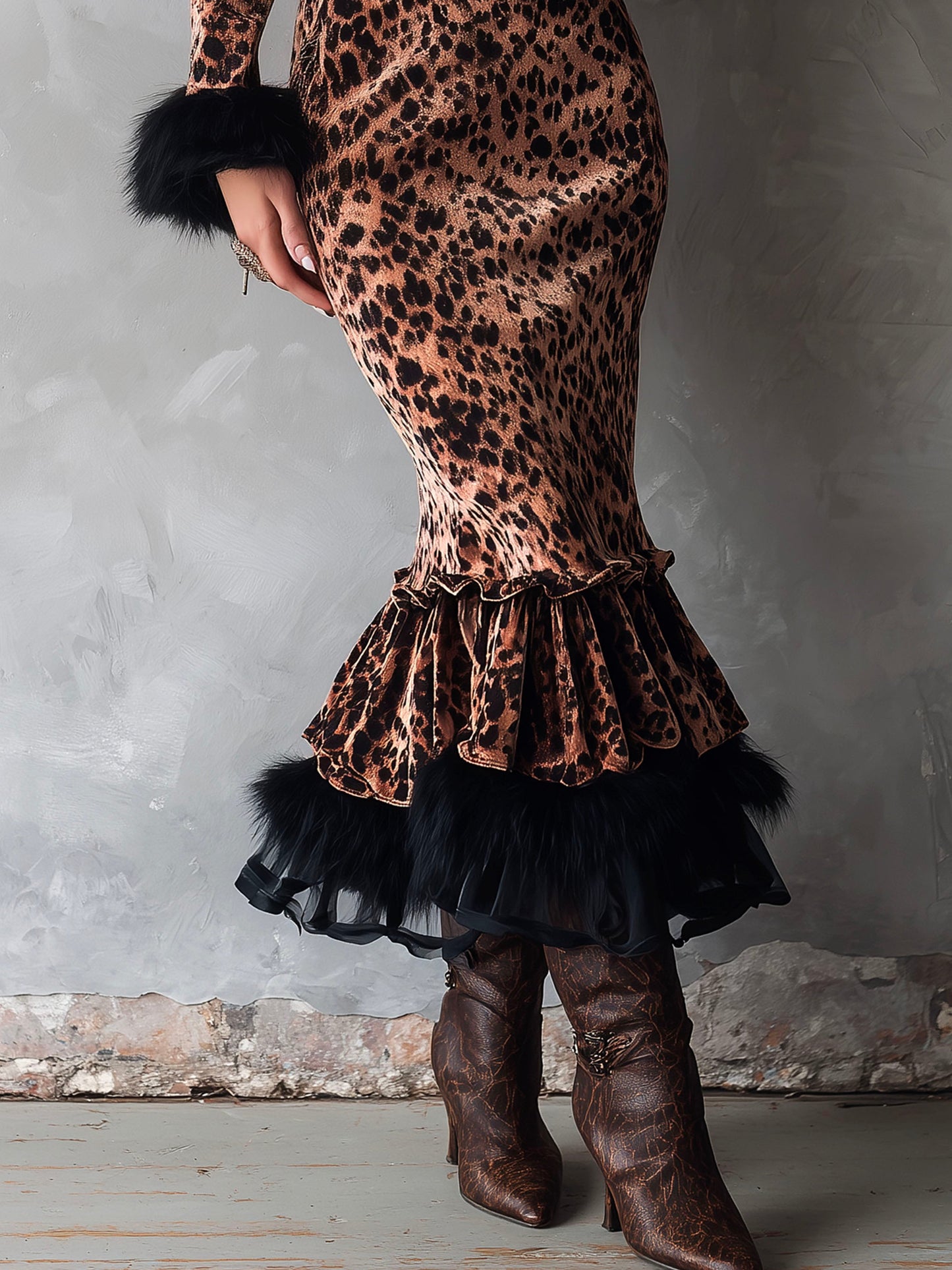 Chic Leopard Print Velvet Gown With Eco Fur Trim Mermaid Hem