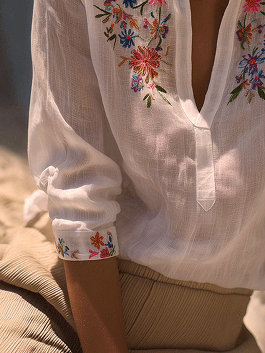 Bohemian Floral Embroidered White Shirt