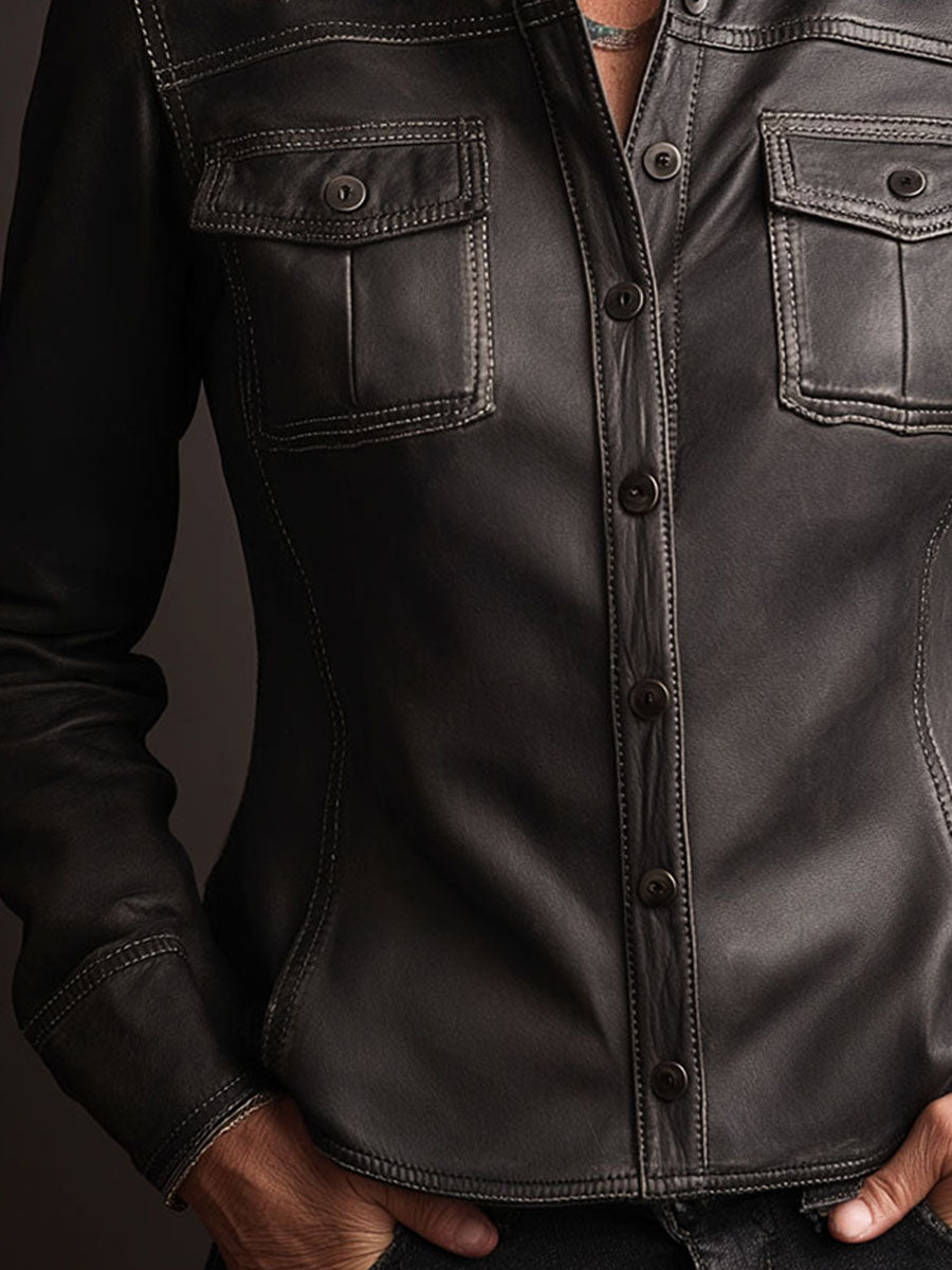 Black Eco Leather Contrast Stitching Shirt Jacket With Pockets