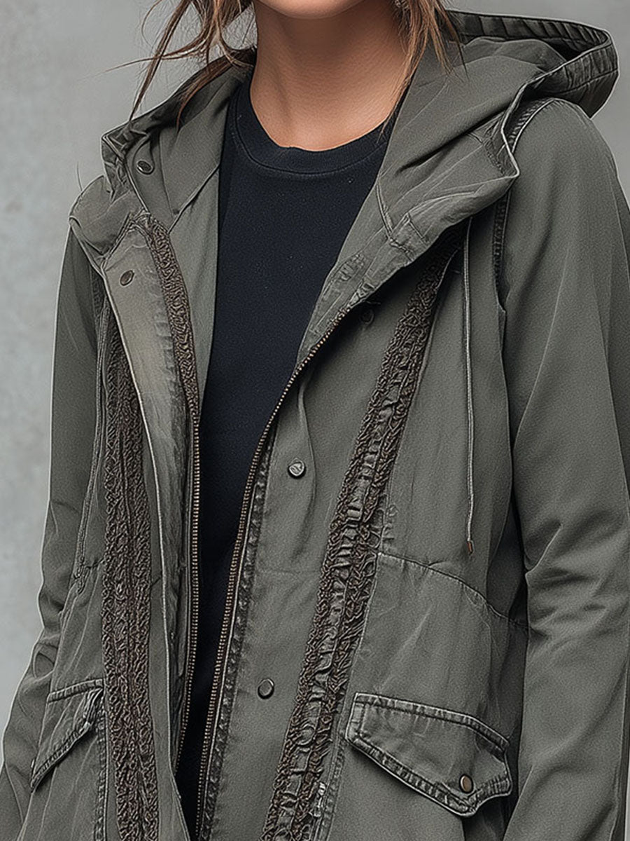 Utility Army Green Washed Denim Hooded Cargo Parka Jacket With Pockets