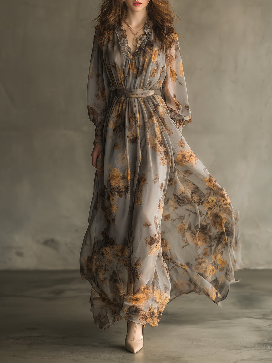 Bohemian Retro Floral Chiffon Ruffle Neckline Maxi Dress – BCSHARED