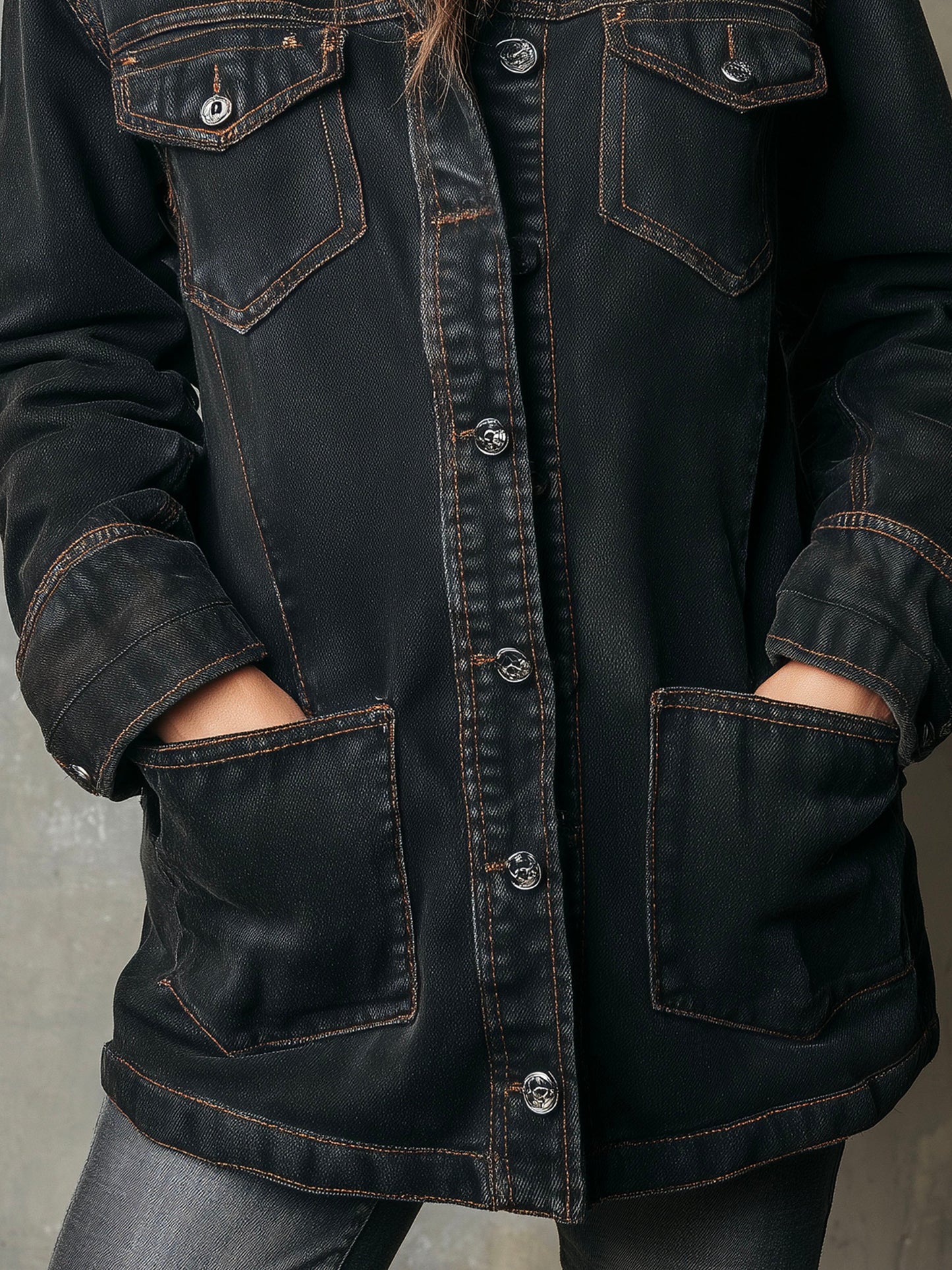 Vintage Sherpa-Lined Denim Long Jacket With Pockets