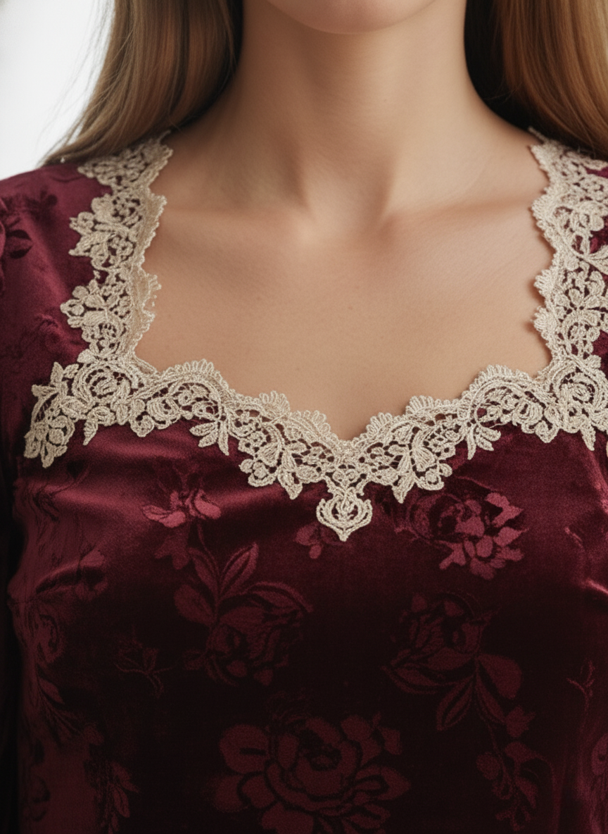 The Velvet Damask Square Neck Blouse with Lace Trim