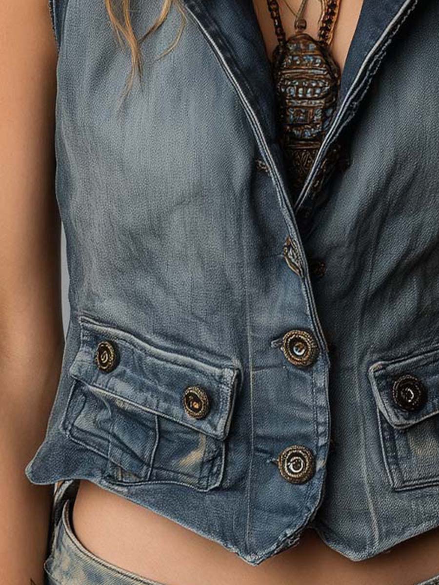 Vintage Workwear Style Distressed Blue Jean Vest