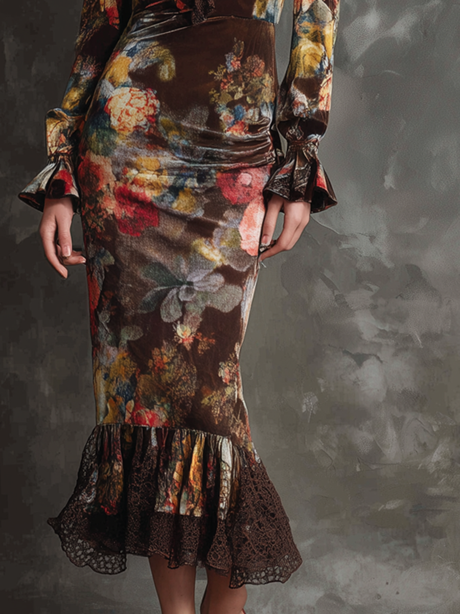 Retro Oil Painting Style Lace-trimmed Polyester Velvet Midi Dress