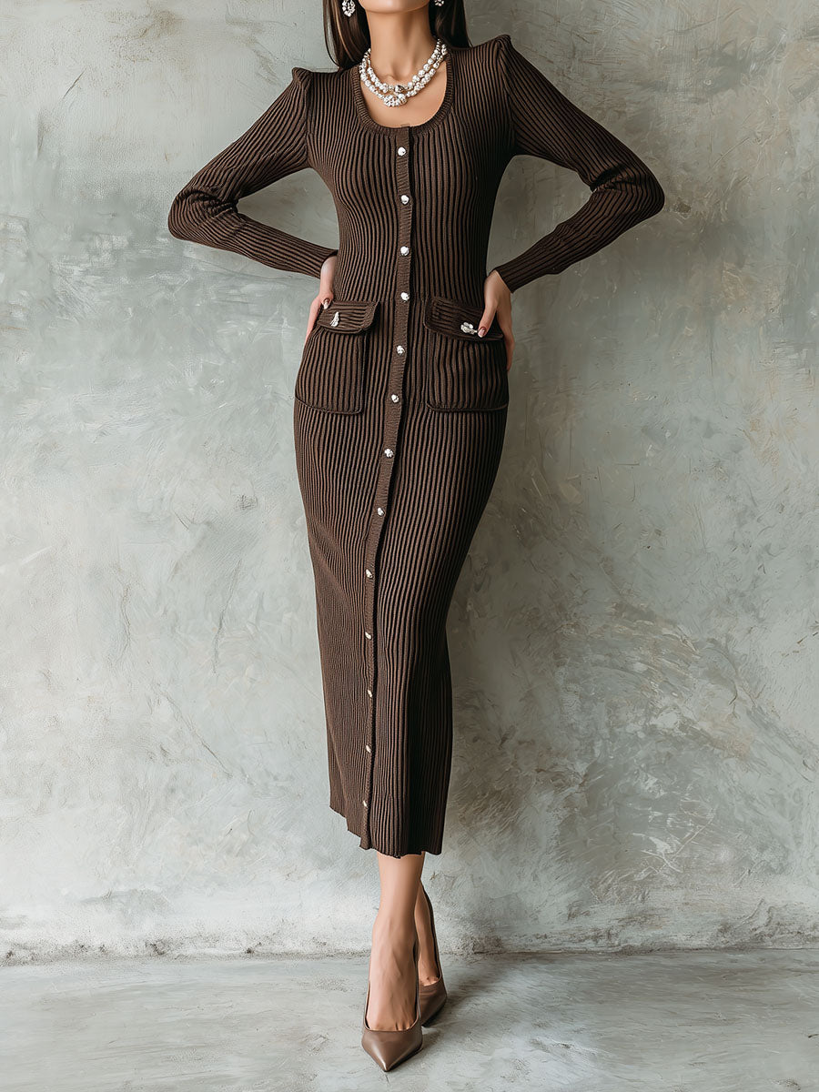 Elegant Coffee Brown Ribbed Knit Button-Down Maxi Dress