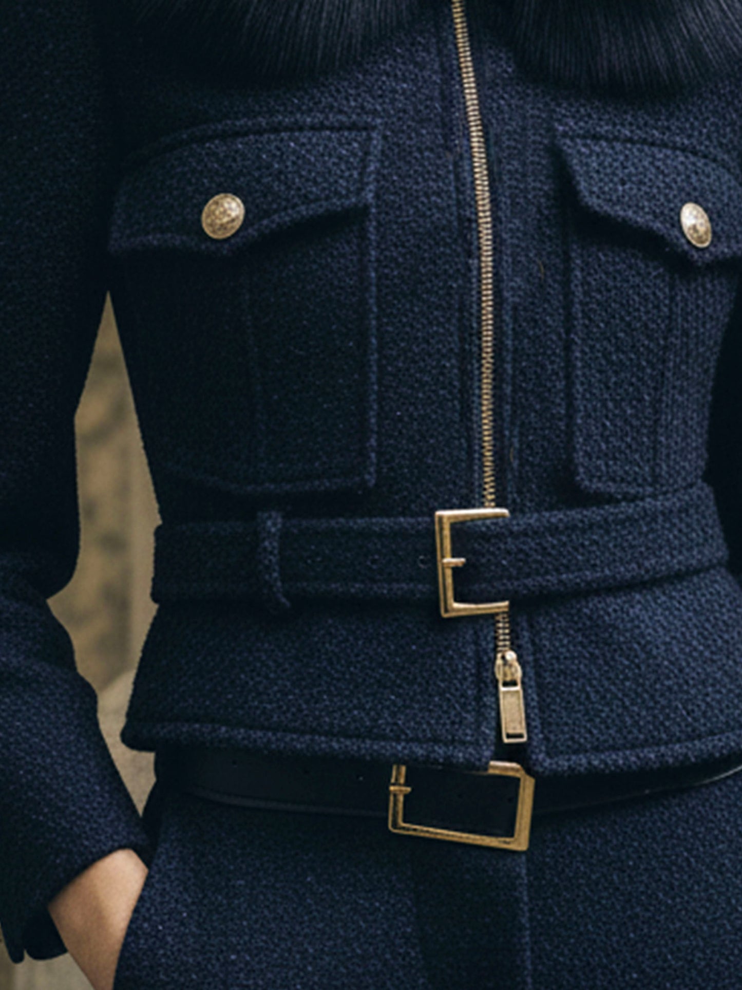 Retro Navy Wool Belted Zipper Jacket With Eco Fur Collar