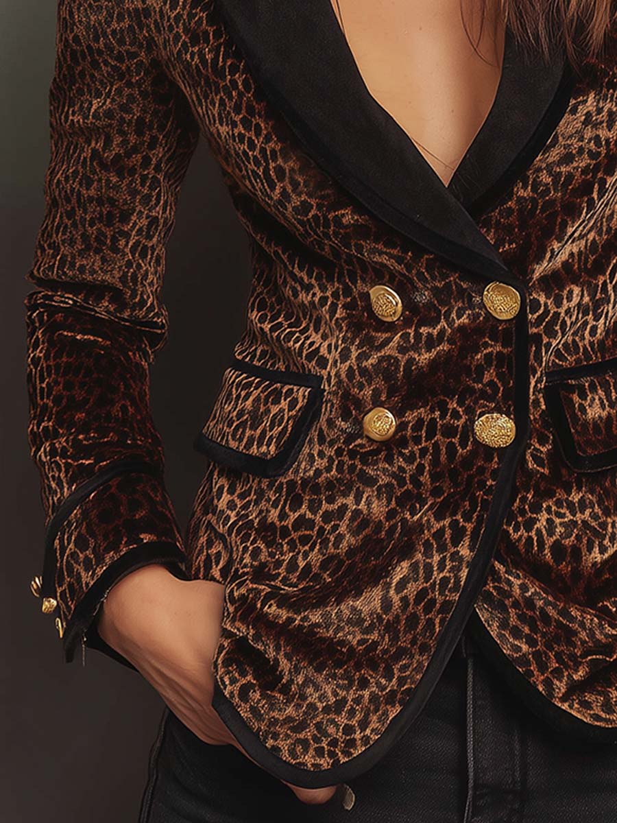 Classic Leopard Print Polyester Velvet Blazer - Amber Brown