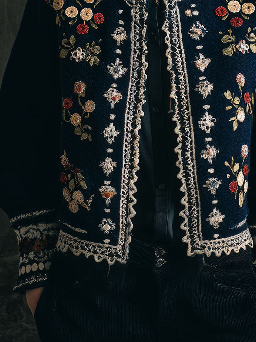 Vintage Bohemian Floral Embroidered Wool Jacket With Lace Trim