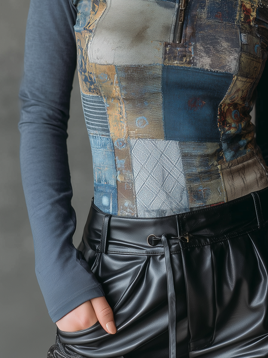 Vintage Zipper Neck Patchwork Long Sleeve Blouse