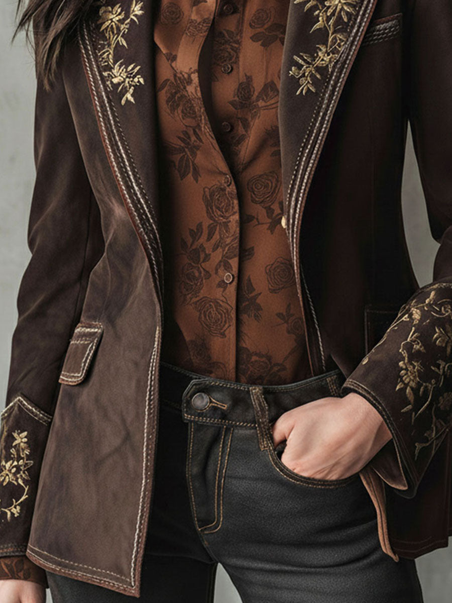 Vintage Floral Embroidered Brown Microsuede Jacket WithStitching