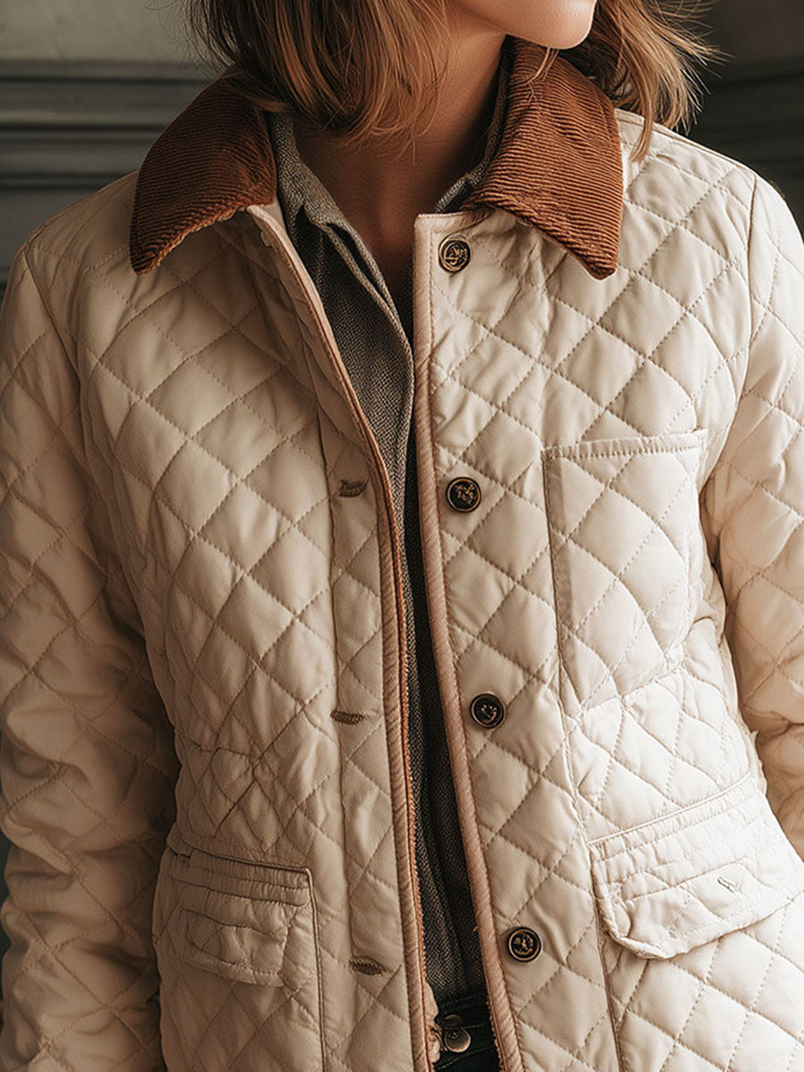 Classic Quilted Diamond Pattern Jacket With Corduroy Collar