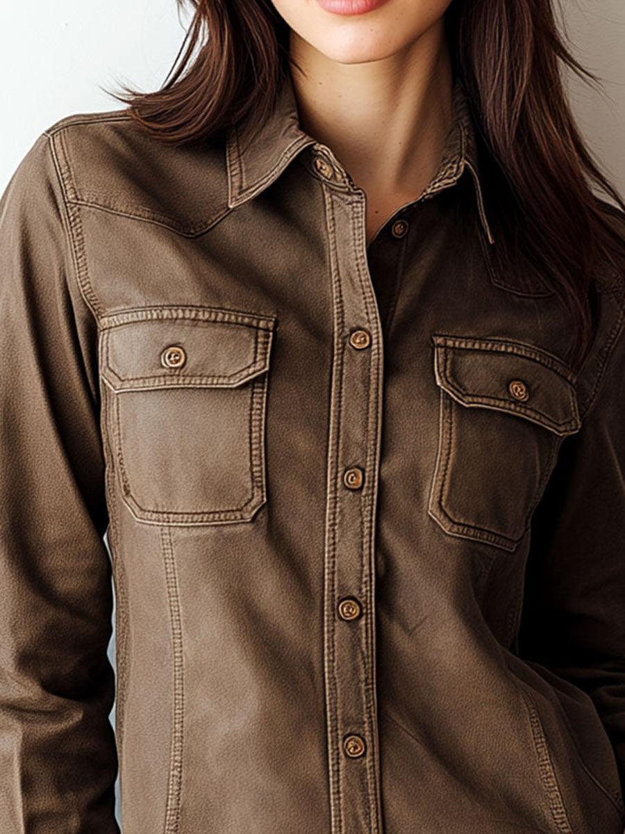 Retro Khaki Utility Shirt With Dual Pockets