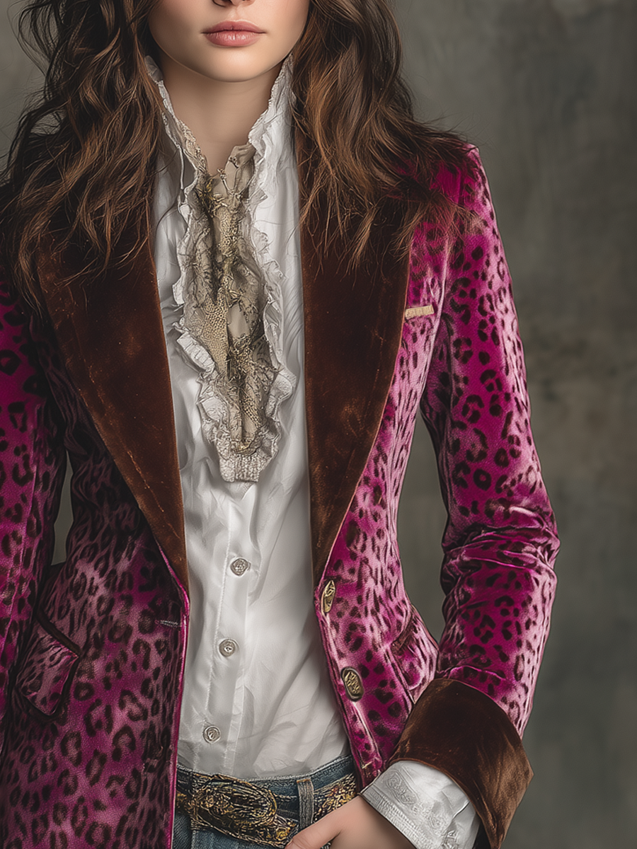 Vintage Leopard Print Polyester Velvet Blazer
