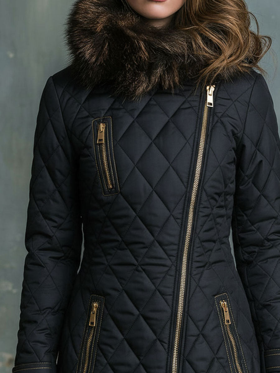 Black Asymmetrical Zip Quilted Jacket With Eco Fur Collar
