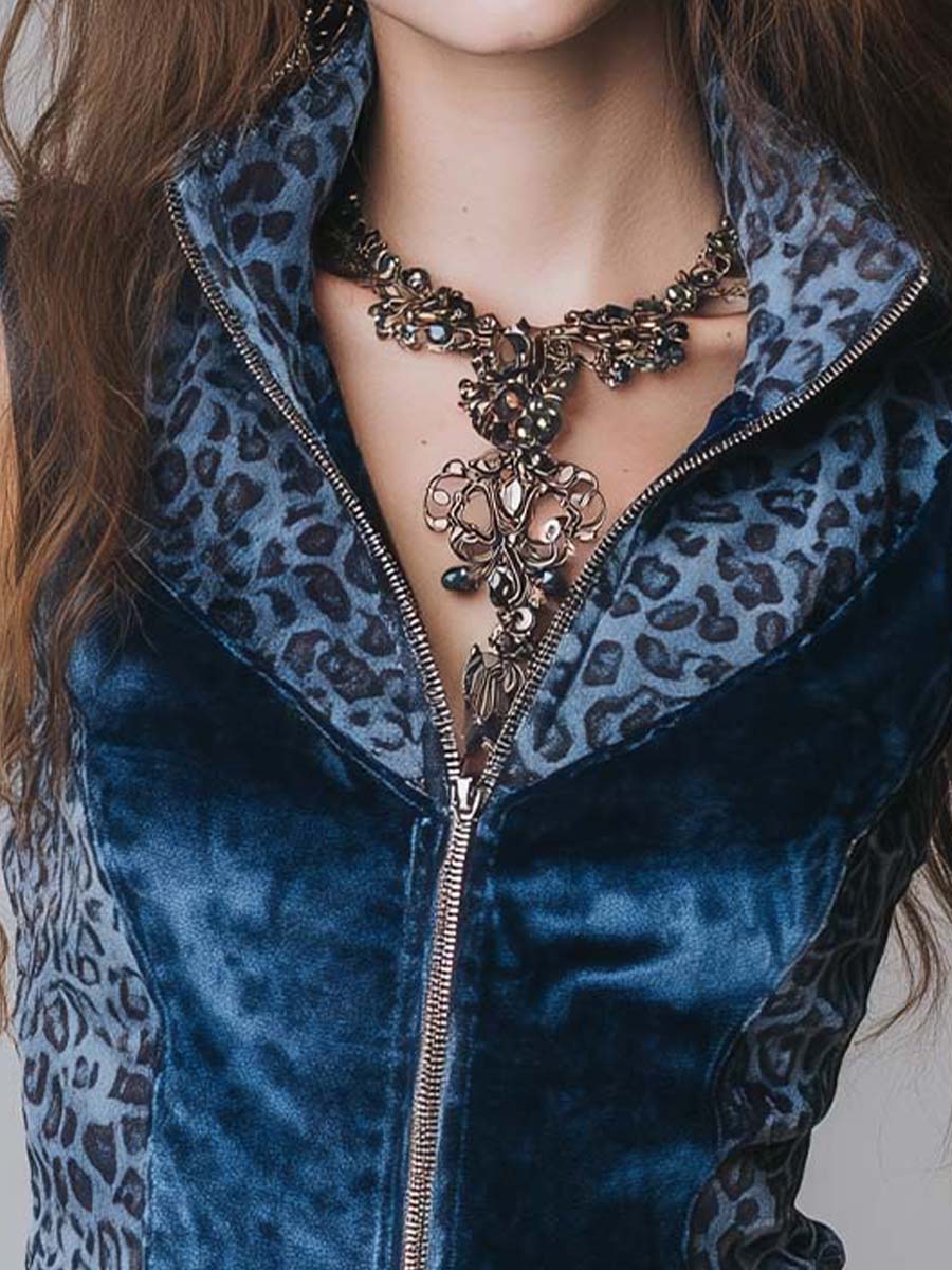 Vintage Contrast Leopard Detail Velvet Zip-up Vest