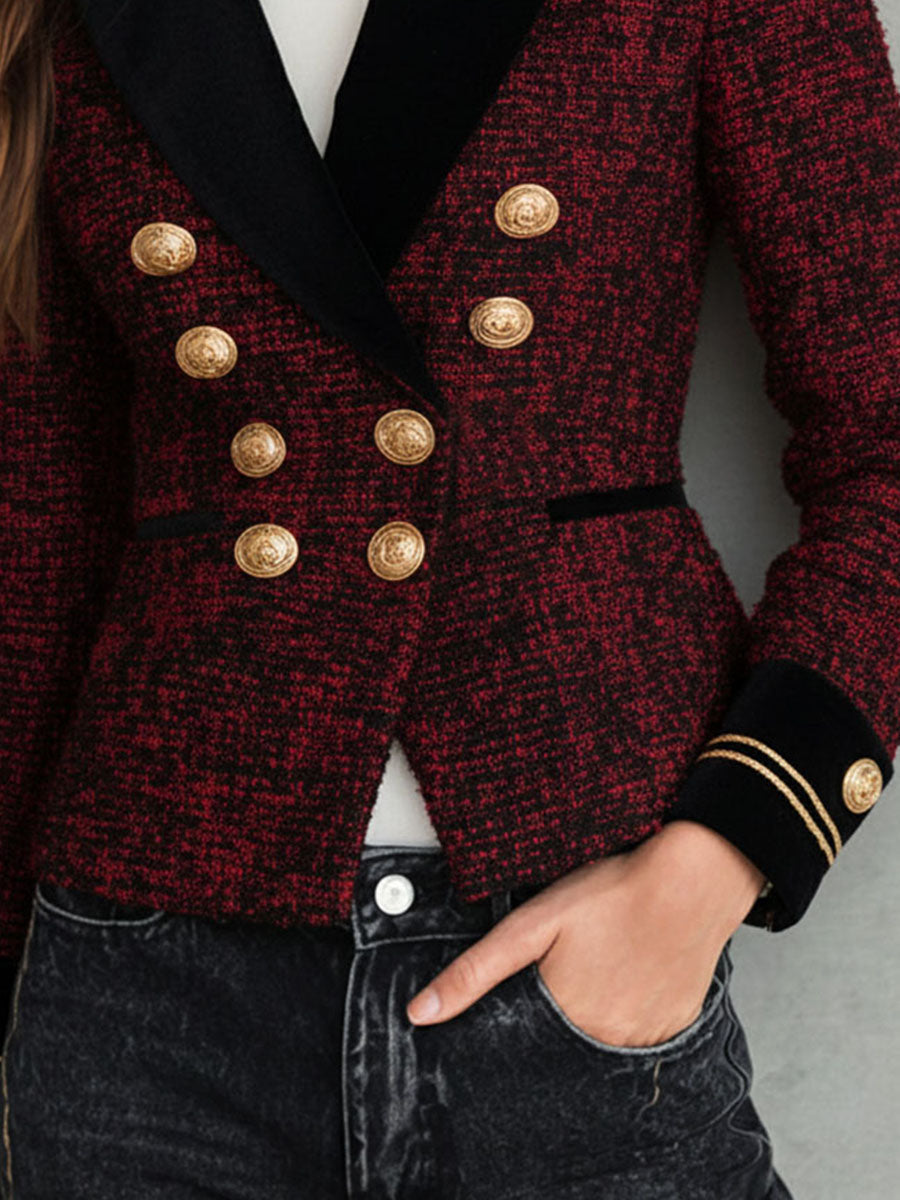 Vintage Velvet Lapel Burgundy Tweed Military Blazer