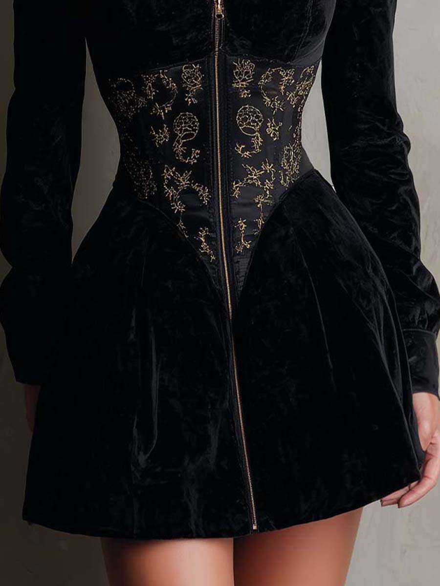 Black Velvet Corset Mini Dress With Gold Print