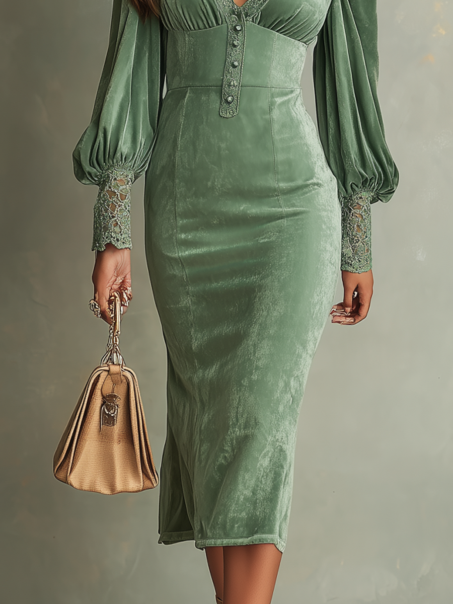 Vintage Lace Trim Polyester Velvet Midi Dress