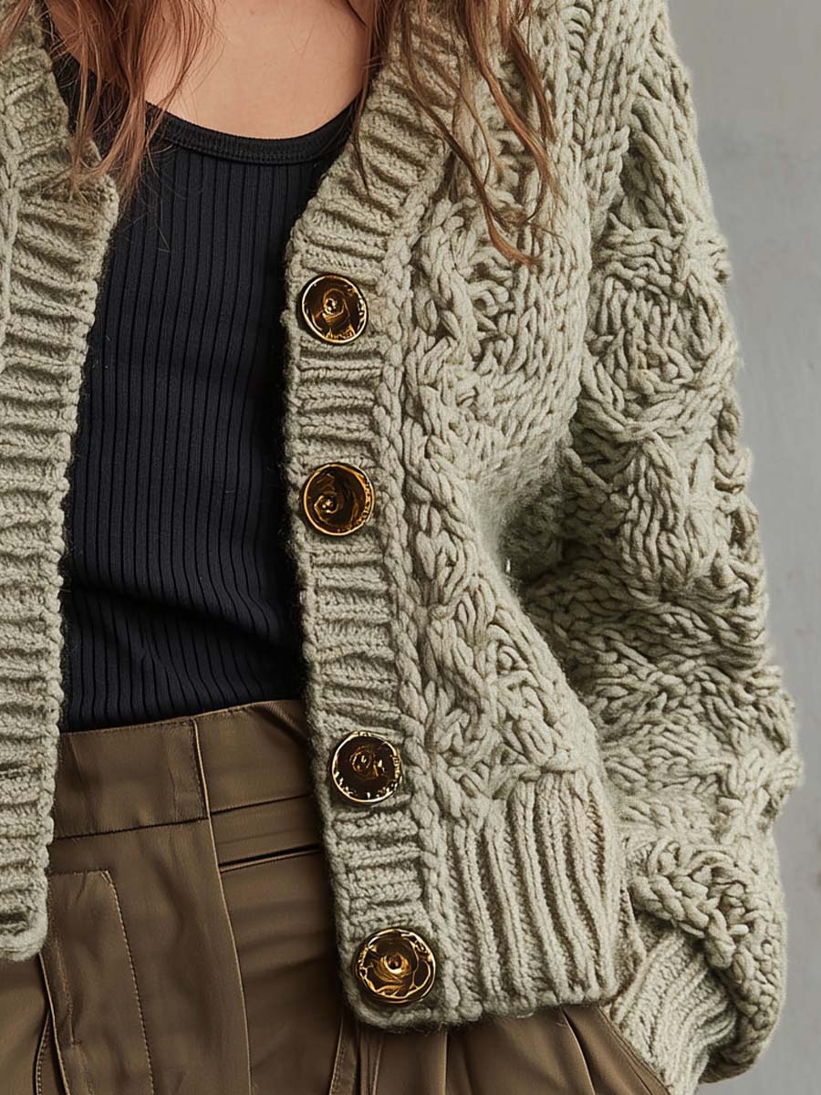 Sage Chunky Twisted Knit Cardigan With Gold Buttons
