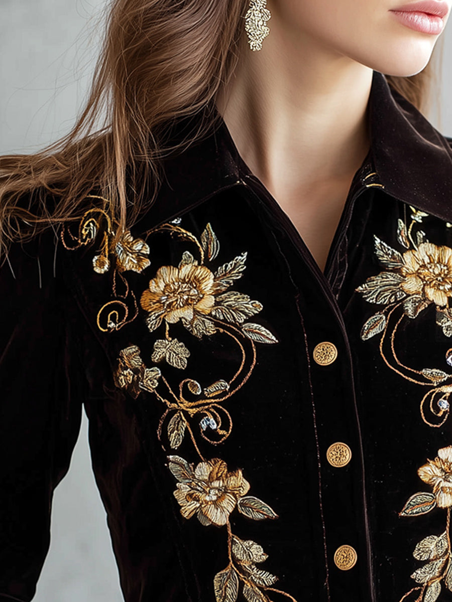 Retro Baroque Floral Embroidered Dark Brown Velvet Jacket