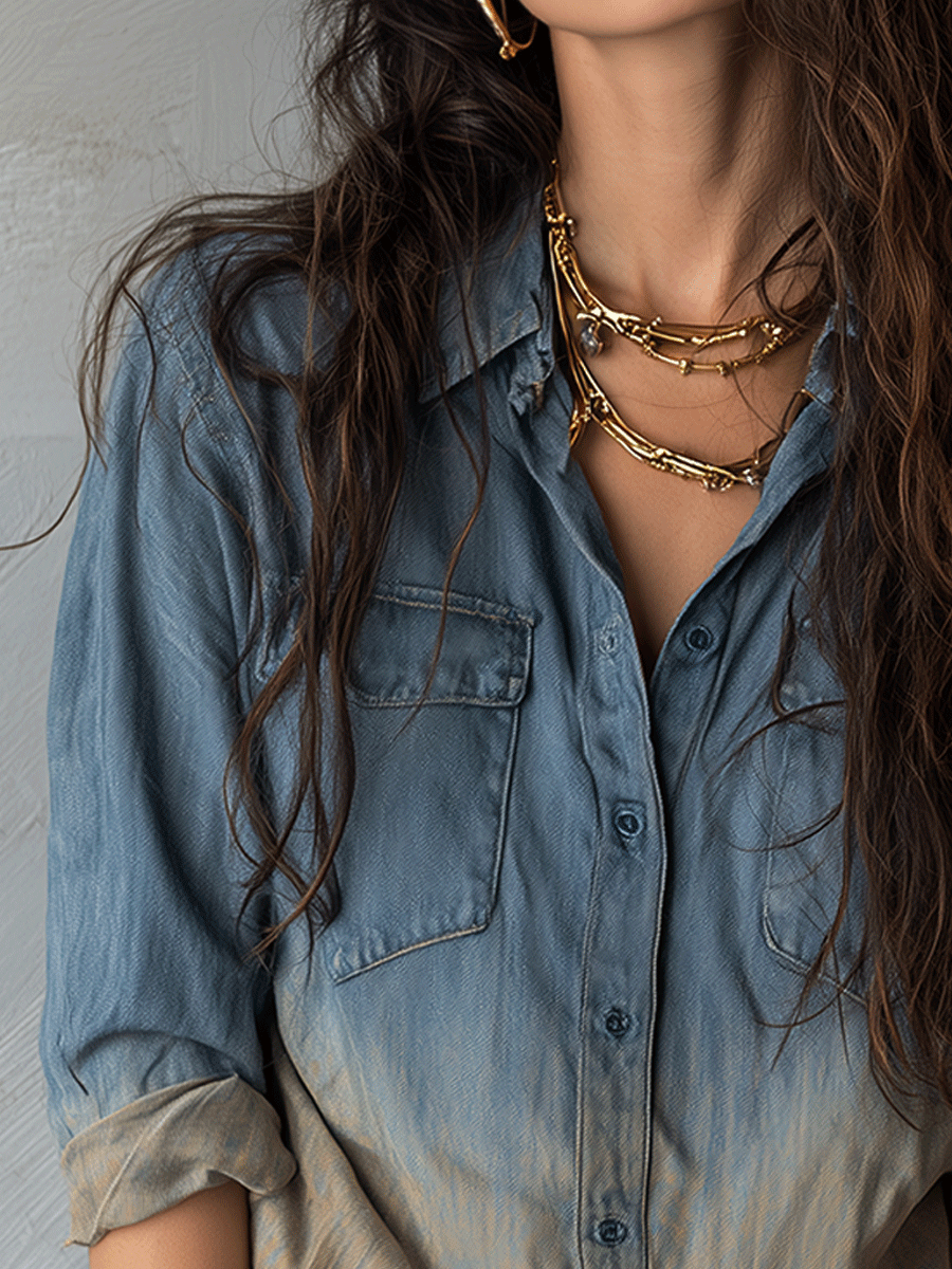 Vintage Casual Gradient Denim Shirt
