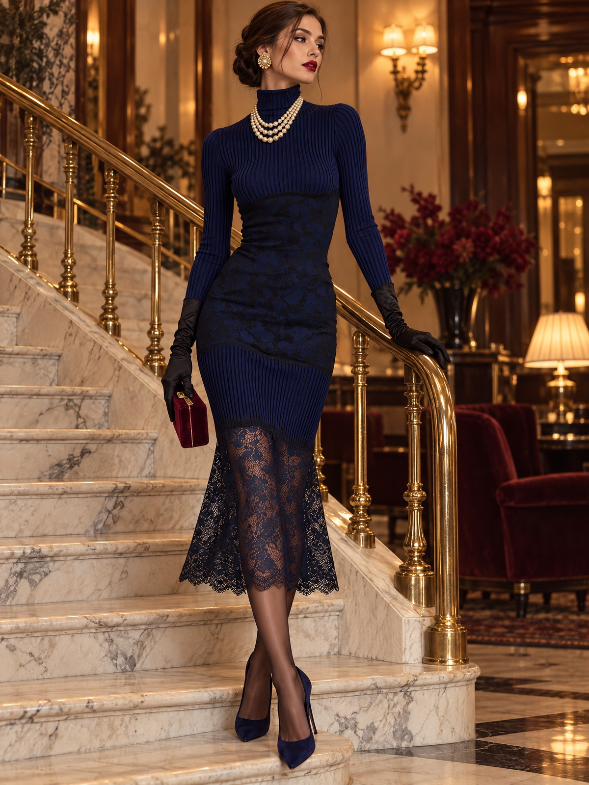 Navy Ribbed Knit Sheer Scalloped Lace Hem Turtleneck Midi Dress