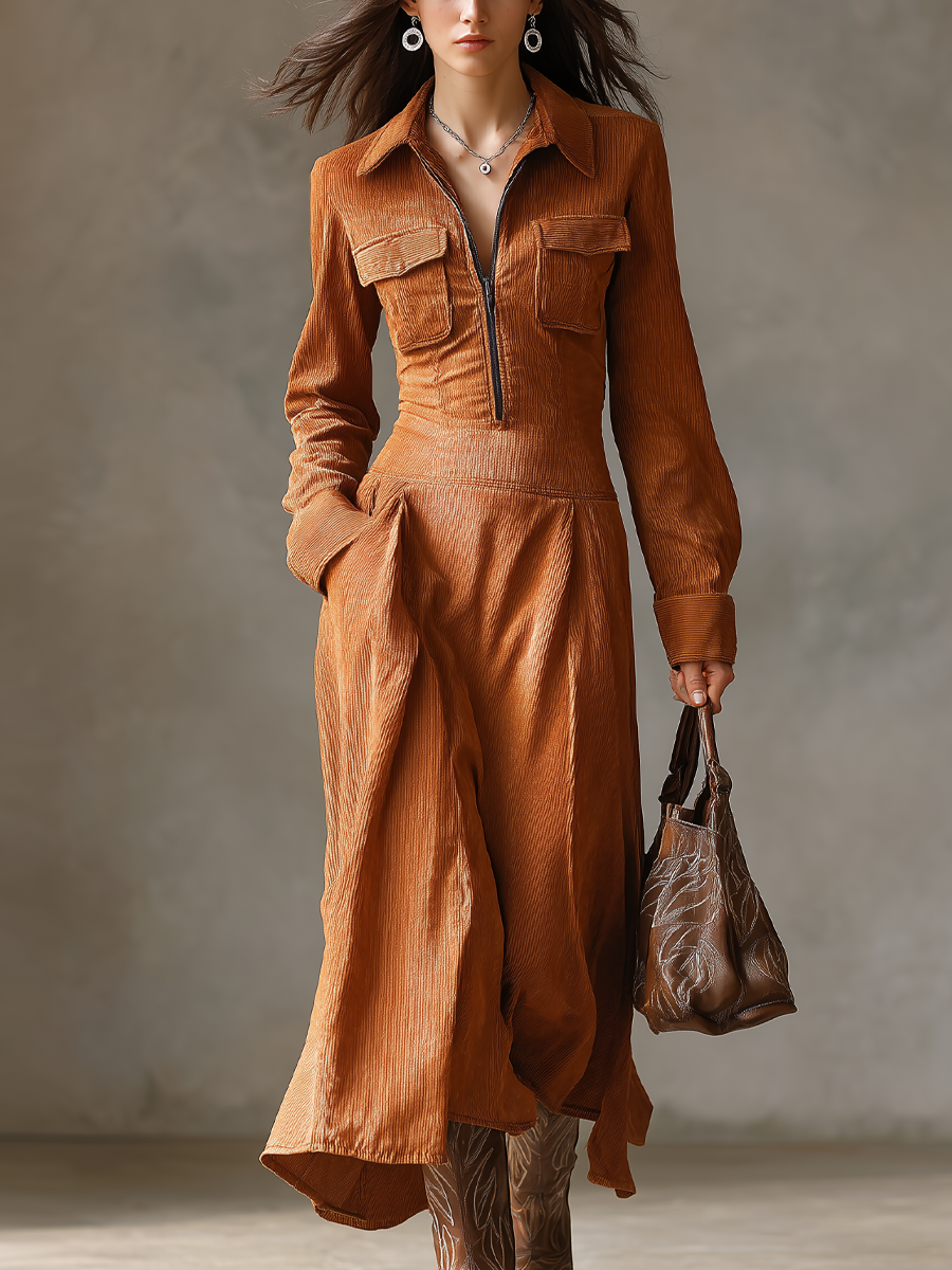 Retro Zipper Collar Pocket Midi Dress