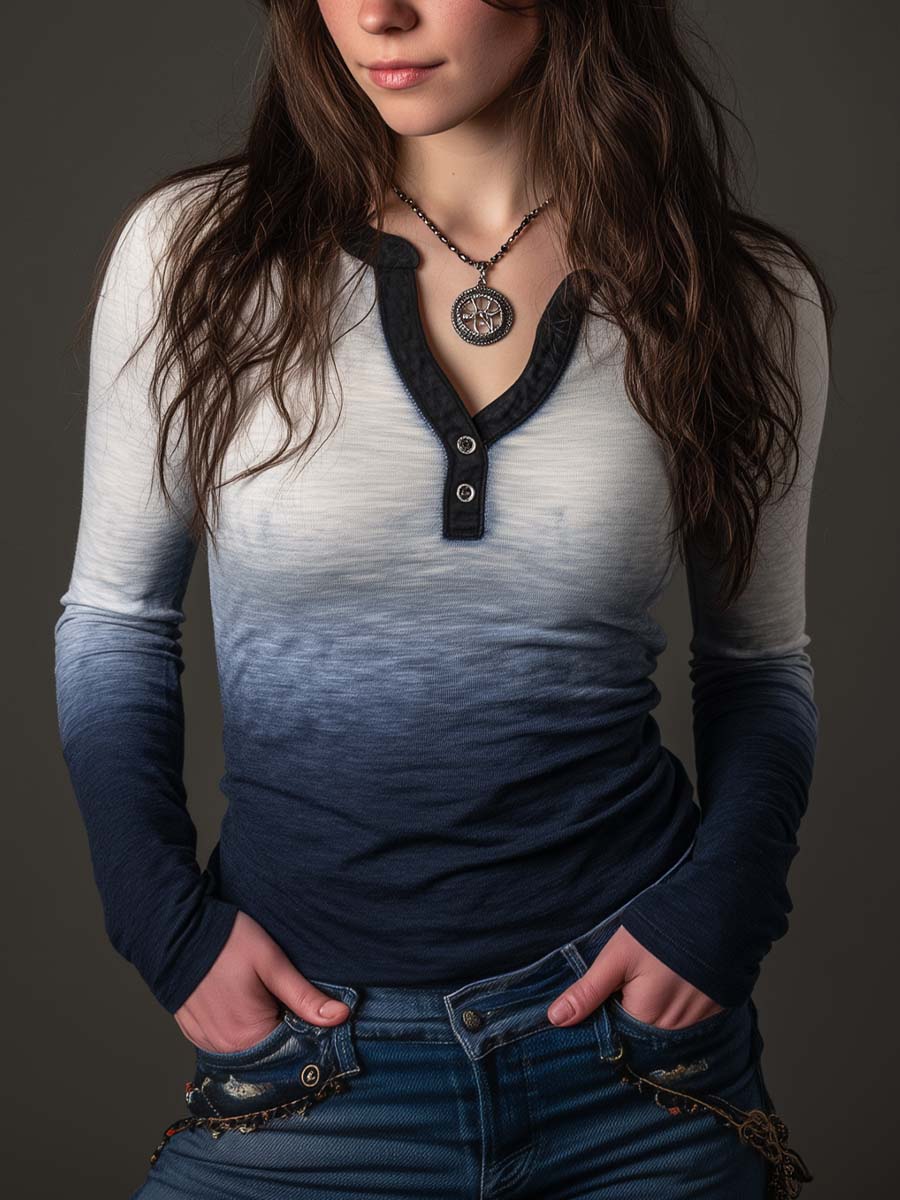 Western Indigo Gradient Henley Shirt