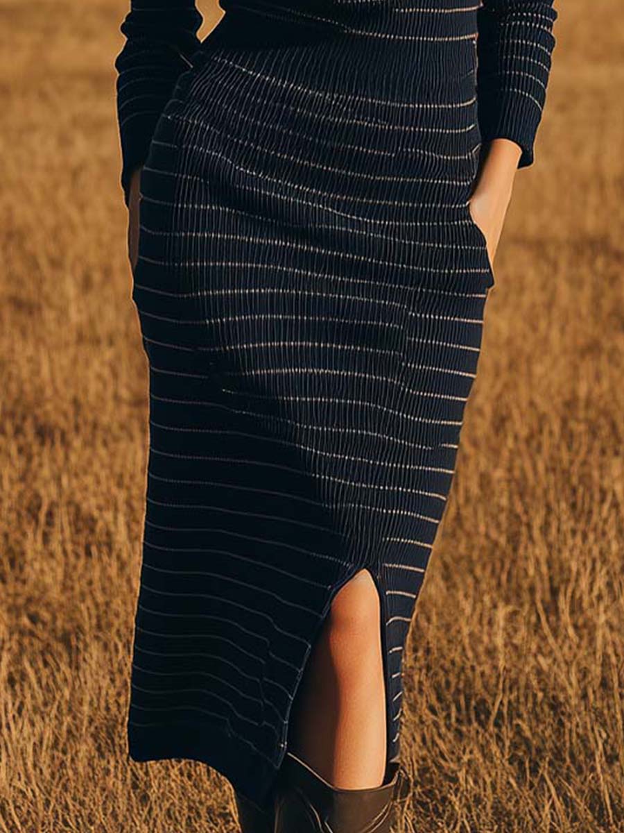 Retro Ribbed Midi Dress In Midnight Blue