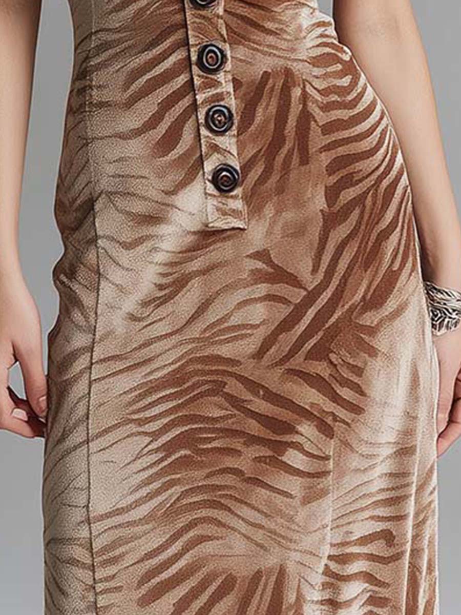 Khaki Zebra Print Slim Fit Slit Hem Dress