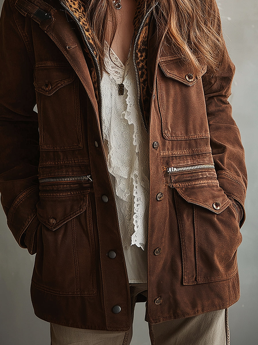 Vintage Washed Detachable Leopard Print Faux Fur Collar Denim Jacket