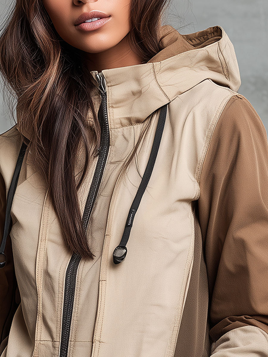 Beige & Brown Colorblock Hooded Utility Jacket