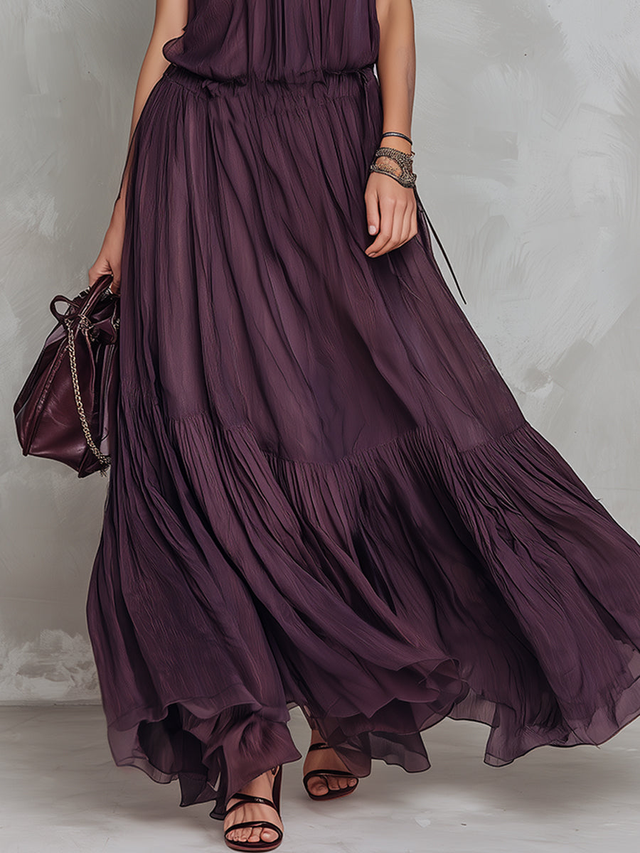 Stylish Tencel Keyhole Collar Ruffle Hem Maxi Dress