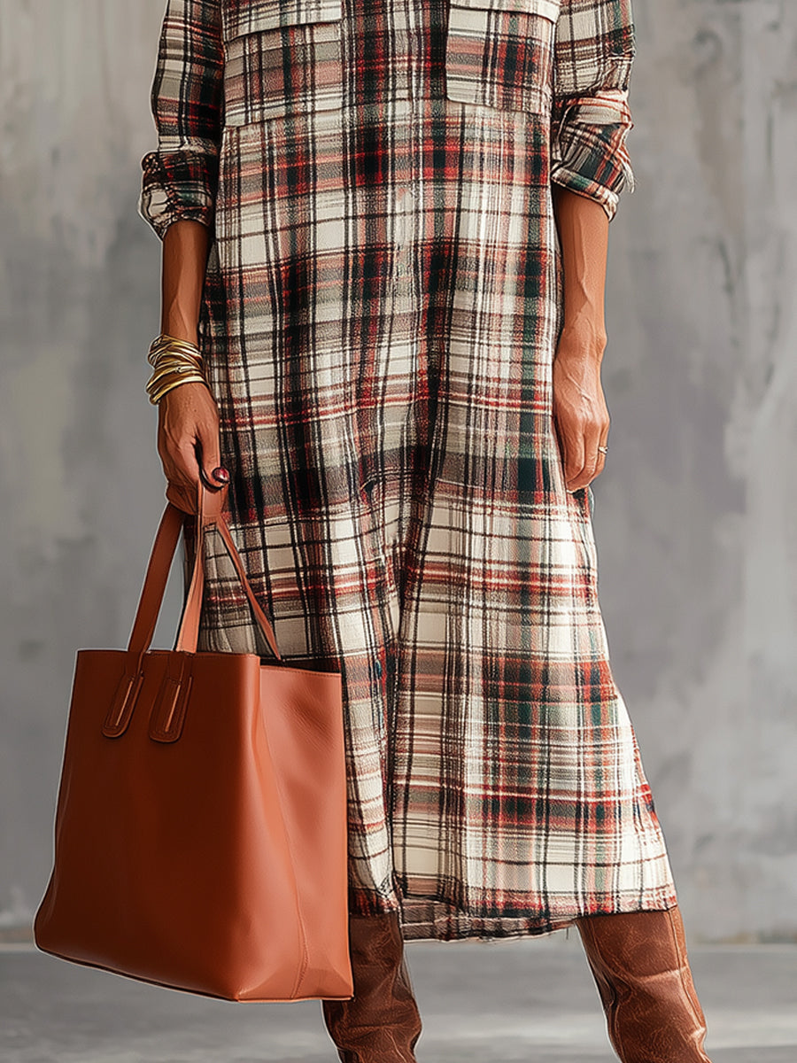Bohemian Plaid Cotton Blend Shirt Midi Dress