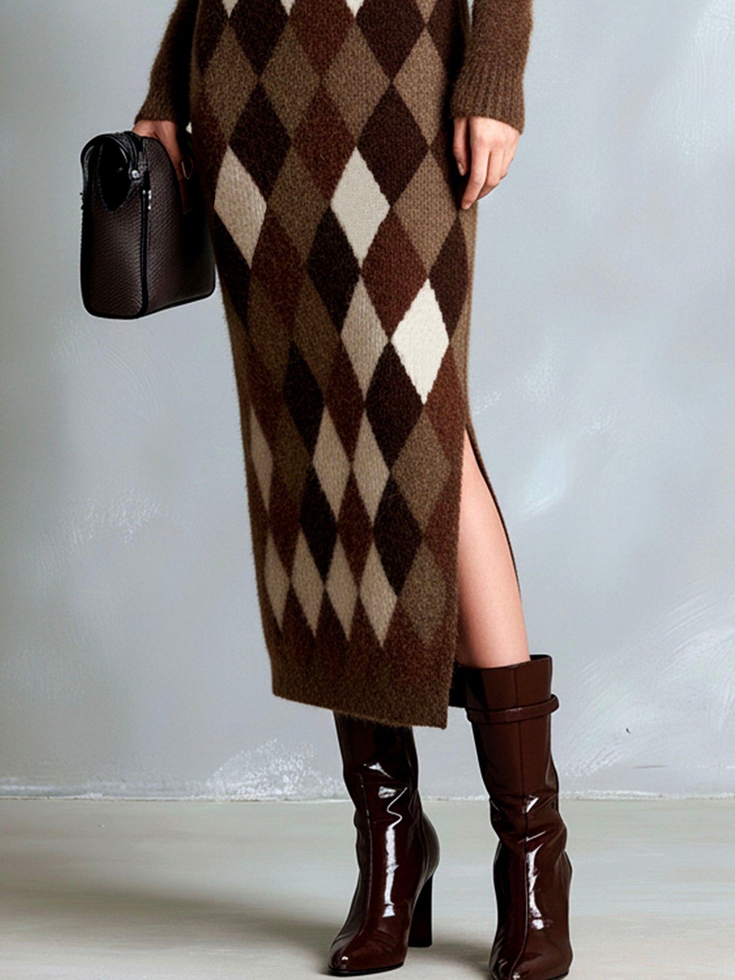 Brown Tones Fuzzy Argyle Turtleneck Knit Sweater Dress